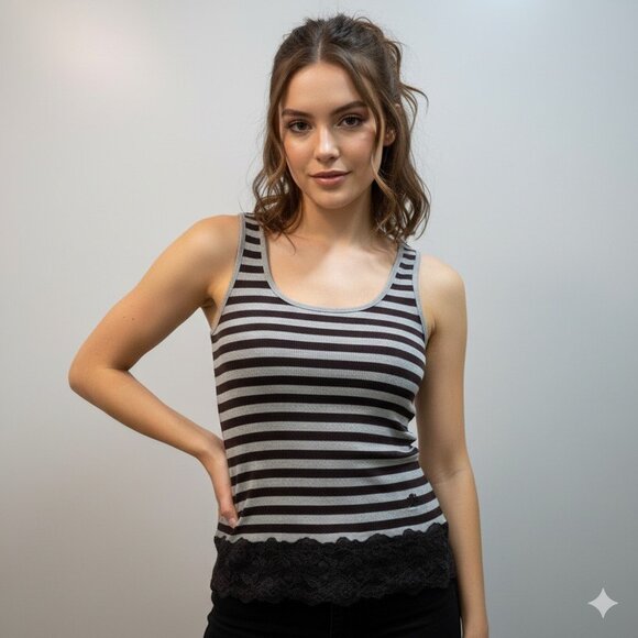 EDC by Esprit Top Women XL Gray Brown Sleeveless Lace Trim Stripe V Neck Y2K VTG - Picture 13 of 13